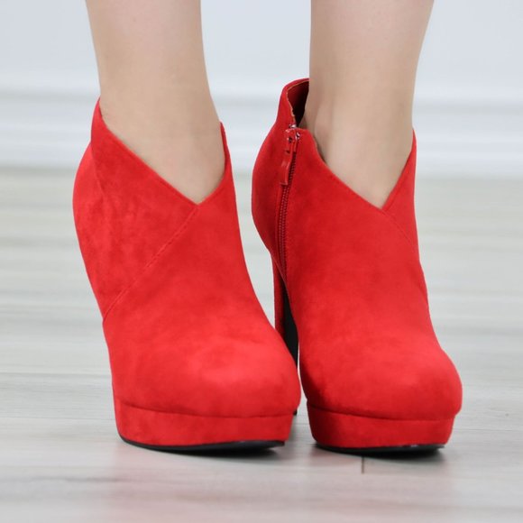 Red Platform Ankle Boots High Heel Stilettos Faux Suede - Picture 4 of 12
